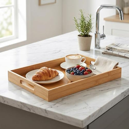 Briful Bamboo Decorative Tray with Handles - 16 x 12 Inch Rectangle