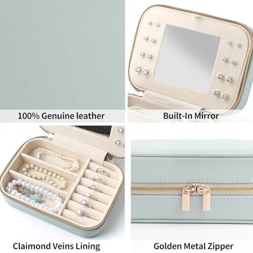 Genuine Leather Travel Jewelry Organizer Case with Mirror for Women