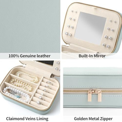Genuine Leather Travel Jewelry Organizer Case with Mirror for Women