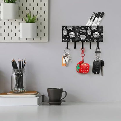 Luxury Leather Wall Mounted Key Hooks Black Cat Rose Skull Goth, Mail