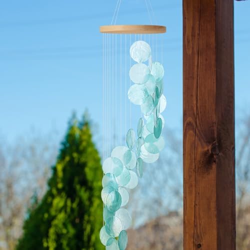 Wenqik Sea Glass Shell Wind Chimes for Outside Capiz Spiral, Blue