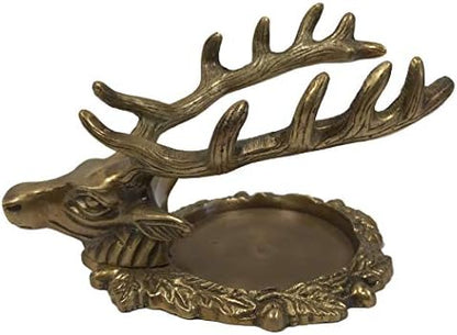 6-1/2" Antiqued Solid Brass Stag Inkwell Stand/Pen Holder Set