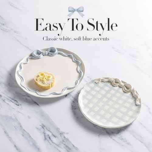 Mud Pie Bow Nested Platter Set of 2, Blue Gingham Round Serving