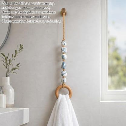 Decorative Beaded Towel Hanger with Wooden Ring - Boho Hand Towel