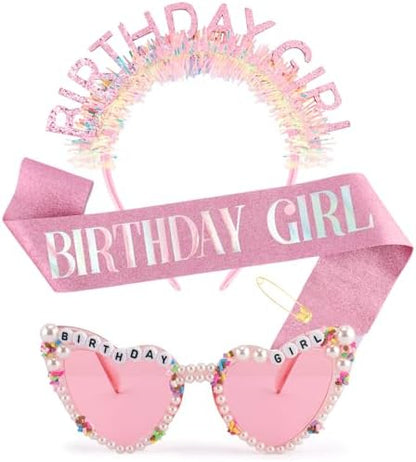Atoden Birthday Girl Sash Glitter Headband Tiara Crown Sunglasses Pink