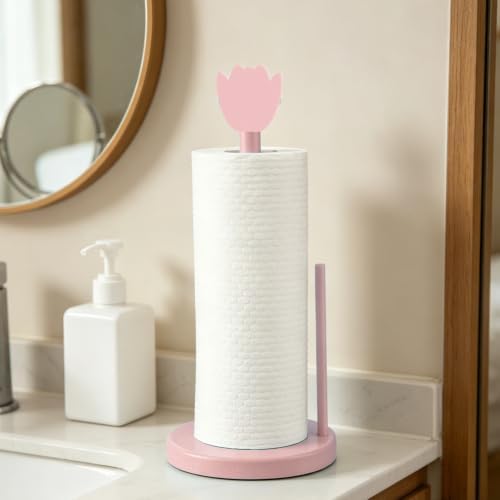 WEBEEDY Pink Tulip Wooden Paper Towel Holder Freestanding Countertop