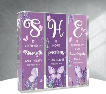 Purple Christian Desk Decor for Women, Butterfly Gifts Square Acrylic