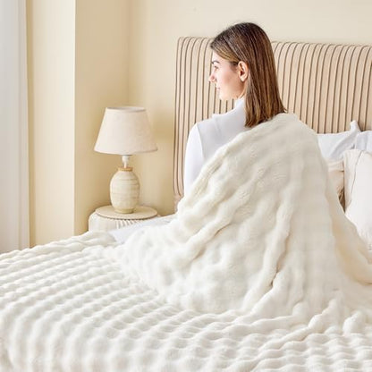 NEWCOSPLAY 3D Bubble Flannel Throw Blanket for Couch Ivory, 50"×60"