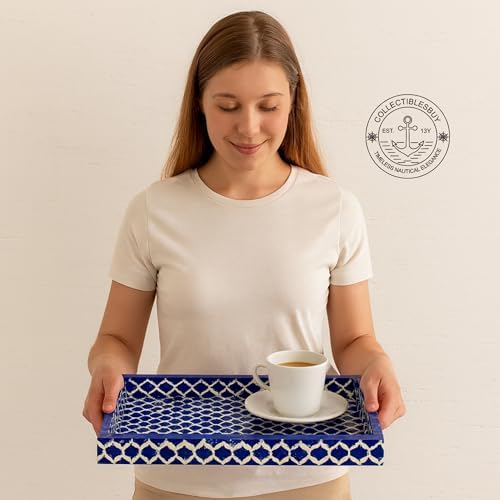 Handmade Blue White Bone Inlay Serving Tray Moroccan Damask