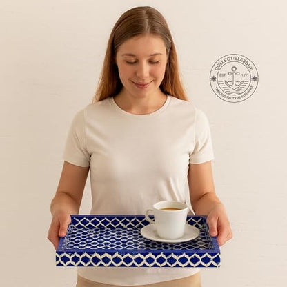 Handmade Blue White Bone Inlay Serving Tray Moroccan Damask
