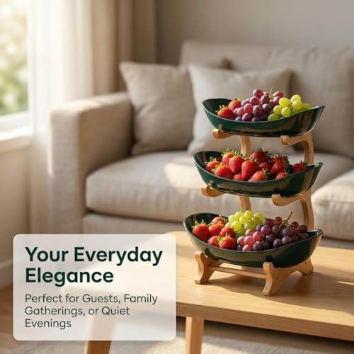 3 Tier Countertop Fruit Basket Organizer - Oval Fruit Bowl with Bamboo