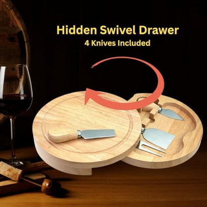 8" Round Wood Cheese Board Set with 4 Stainless Steel Knives & Hidden