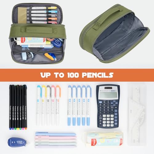 ECHSRT Large Tactical Pencil Case, 3-Compartment Zipper Pouch, Olive