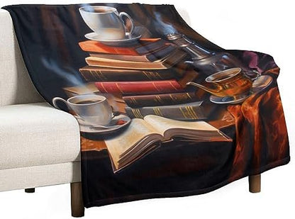 Plush Throw Fleece Blanket - Coffee and Books Oil Painting, Warm Cozy