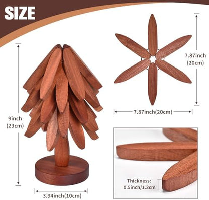 Wooden Trivets for Hot Dishes,Christmas Tree Coasters Set 5 + 1 Stand