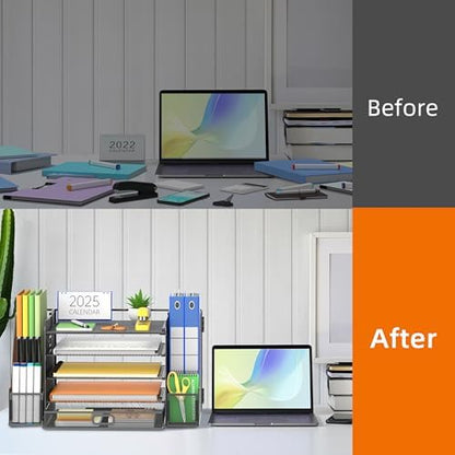 SUPEASY Mesh Desk Organizer with File Holder, 5-Tier Paper Letter Tray