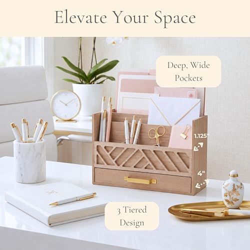BLU MONACO | Wooden Mail Organizer with Drawer and Gold Handle