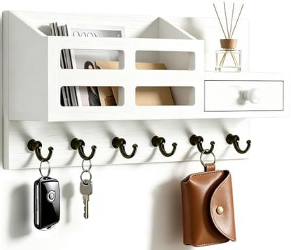 White Key and Mail Holder for Wall with 6 Hooks and Storage Drawer