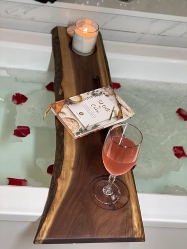RESINHOMEFURNITURE Acacia Wood Bathtub Tray Caddy with Book & Wine