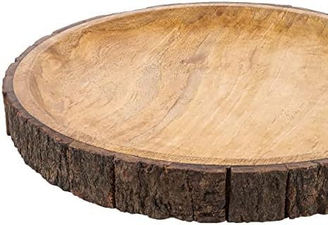 GoCraft Round Wooden Serving Platter with Tree Bark on Edges | Mango