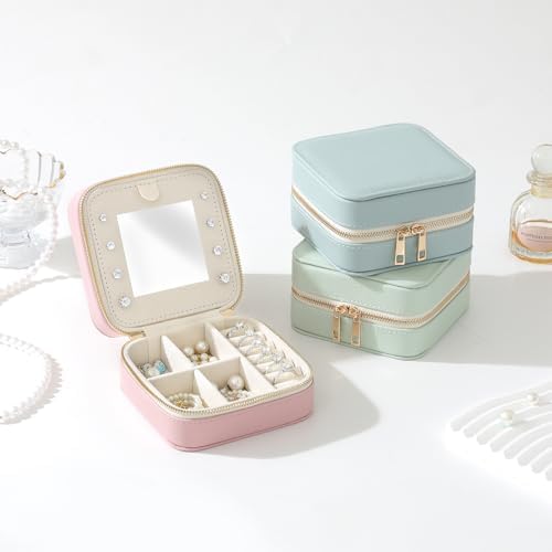 Genuine Leather Travel Jewelry Organizer Case with Mirror for Women
