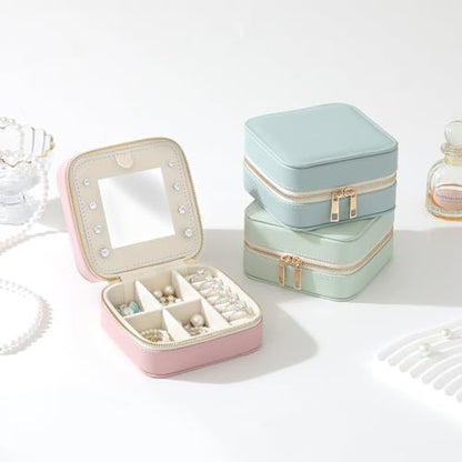 Genuine Leather Travel Jewelry Organizer Case with Mirror for Women