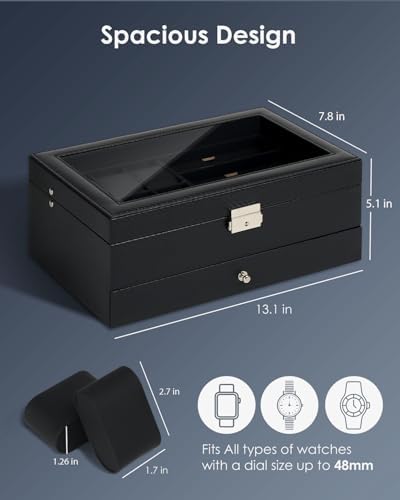 Kukikan Mens Jewelry Box Organizer, 6 Watch Slots & 3 Sunglasses -All