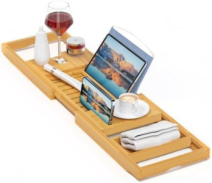Sen Yi Bao Luxury Bamboo Bathtub Tray - Wooden Expandable Caddy with