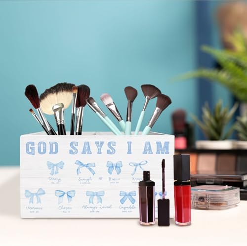 Coquette Blue Bow Christian Pen Holder for Desk, God Says I Am Bible