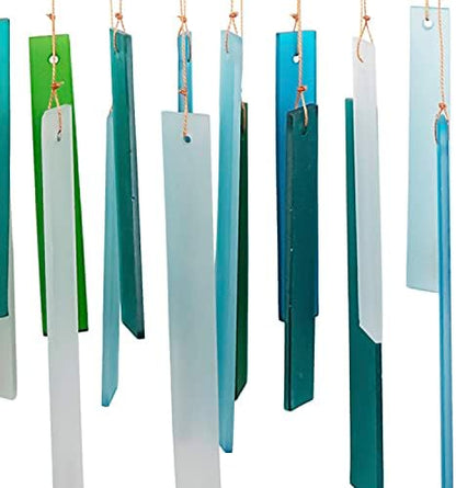 Ocean Blue Sea Glass Driftwood Wind Chime, Handcrafted Coastal