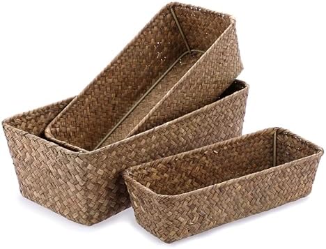 3 Natural Wicker Basket Set Rectangular Handwoven Seagrass Basket