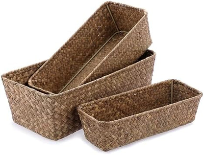 3 Natural Wicker Basket Set Rectangular Handwoven Seagrass Basket