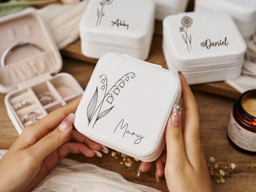 Ships Next Day, Custom Travel Jewelry Box with Name Birth Flower