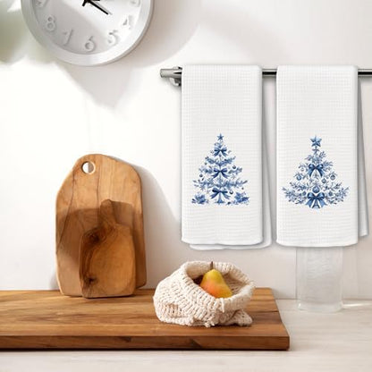 Chinoiserie Christmas Kitchen Towels Decor Set of 2 - Blue Christmas