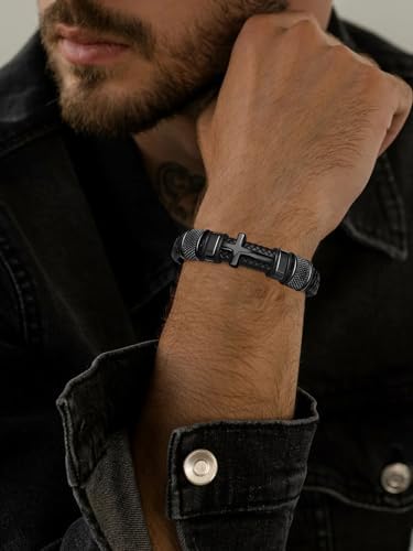 Black Cross Cuff Bracelet for Men, Philippians 4:13 Stainless Steel