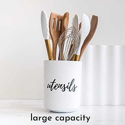 STYLED SETTINGS White Utensil Holder for Countertop, White & Silver