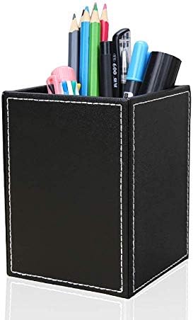 KINGFOM PU Leather Square Pens Pencils Holder Cup Desktop Stationery