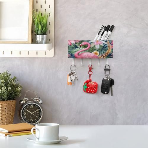 Flamingo Floral Pattern Key Holder Wall Mount PU Leather Adhesive Key