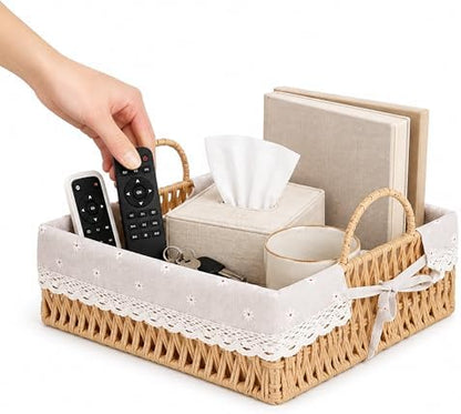 Handwoven Rattan Basket Tray with Handles & Washable Liner