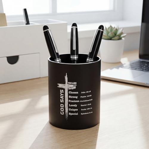 Maitys Metal Desk Pen Holder Christian Aluminum Pen Cup Gift, God Says