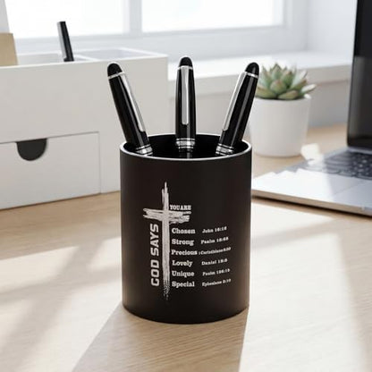 Maitys Metal Desk Pen Holder Christian Aluminum Pen Cup Gift, God Says