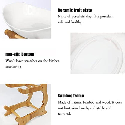 Liywall - 2 Tier Ceramic Fruit Bowl With Bamboo Wood Stand for Kitchen