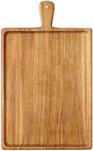 Acacia Wood Charcuterie Board with Handle, Rectangle 16.75”x11”