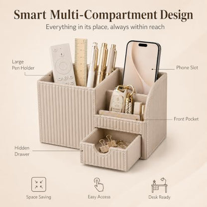 KINGFOM Luxury PU Leather Desk Organizer with Drawer, Modern Aesthetic