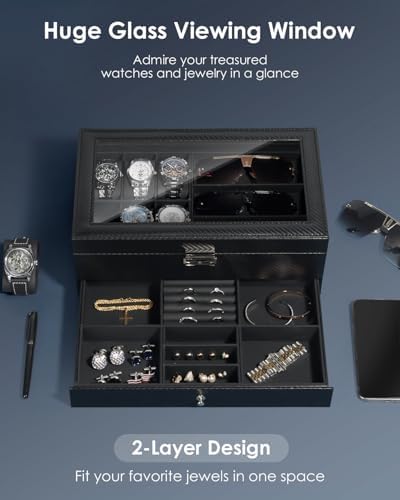 Kukikan Mens Jewelry Box Organizer, 6 Watch Slots & 3 Sunglasses -All