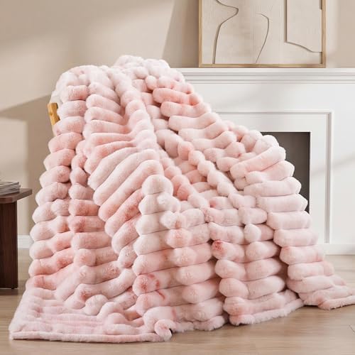 Smoofy Tie dye Pink Fluffy Faux Rabbit Fur Striped Blanket 60"x80"