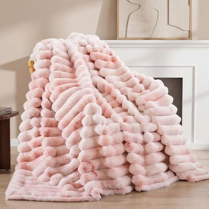 Smoofy Tie dye Pink Fluffy Faux Rabbit Fur Striped Blanket 60"x80"