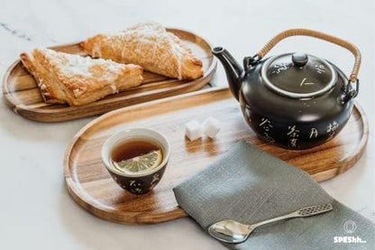 Acacia Wooden Serving Trays Set of 2 - Rectangular Oval Shaped Wood
