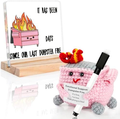 Emotional Support Crochet Dumpster Fire and Sign Decor Set Dumpster