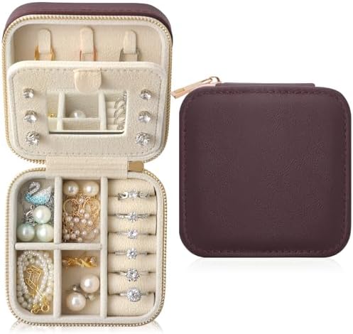 Genuine Leather Travel Jewelry Organizer Case with Mirror for Women